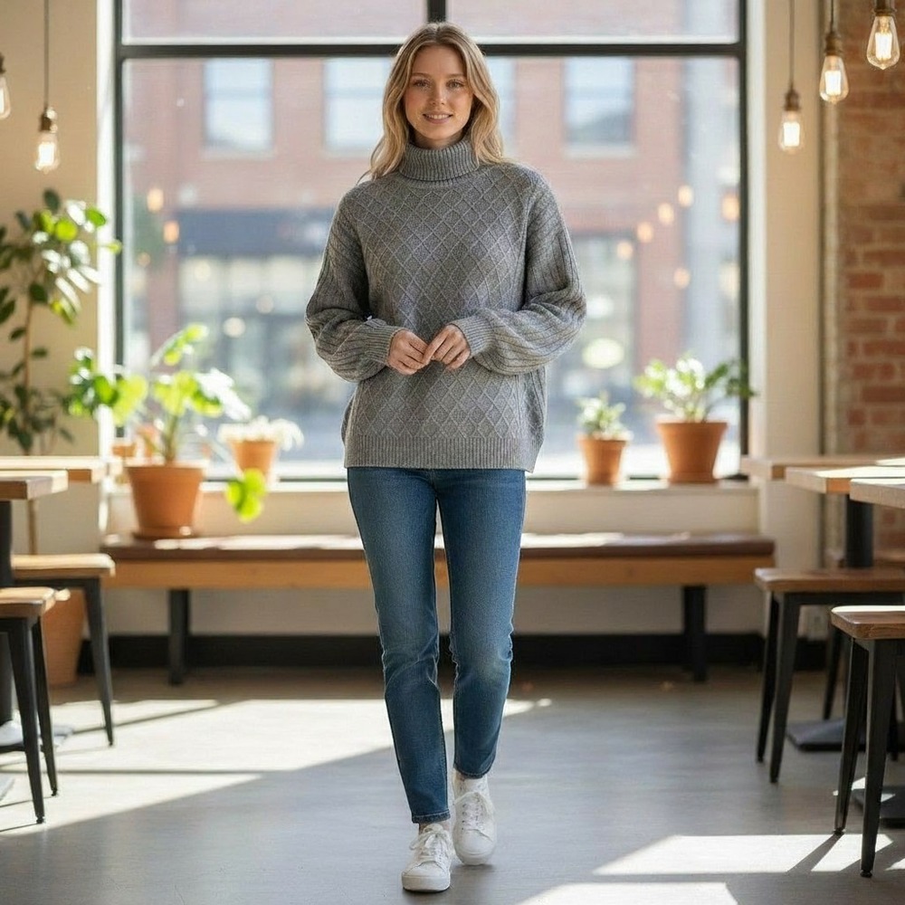Venini Grey Cable Knit Turtleneck Sweater Womens Large Balloon Sleeve Pullover
